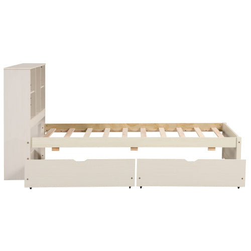 Modern Twin Size Bed Frame With Built-in USB Port On Bookcase Headboard