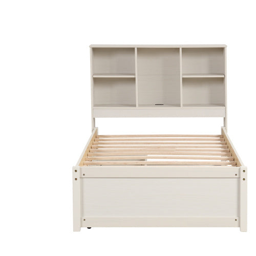Modern Twin Size Bed Frame With Built-in USB Port On Bookcase Headboard