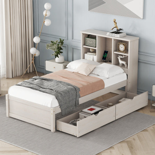 Modern Twin Size Bed Frame With Built-in USB Port On Bookcase Headboard
