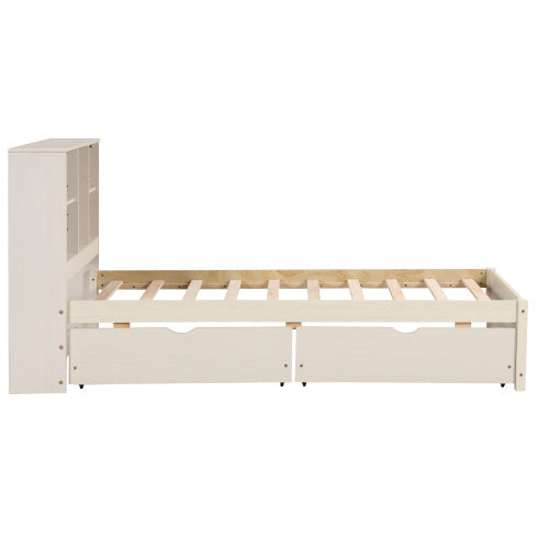 Modern Twin Size Bed Frame With Built-in USB Port On Bookcase Headboard