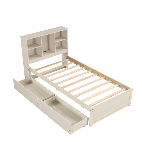 Modern Twin Size Bed Frame With Built-in USB Port On Bookcase Headboard