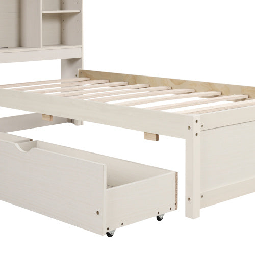 Modern Twin Size Bed Frame With Built-in USB Port On Bookcase Headboard