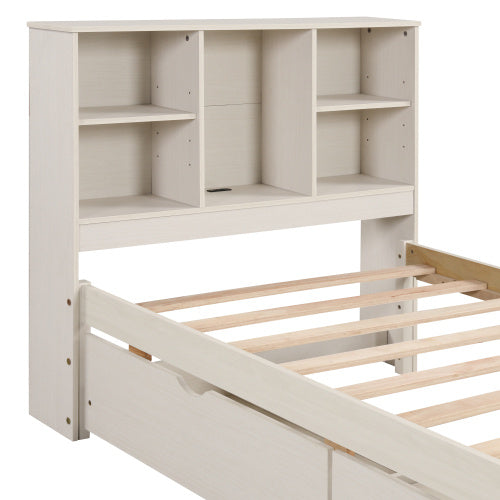 Modern Twin Size Bed Frame With Built-in USB Port On Bookcase Headboard
