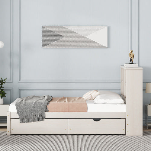 Modern Twin Size Bed Frame With Built-in USB Port On Bookcase Headboard